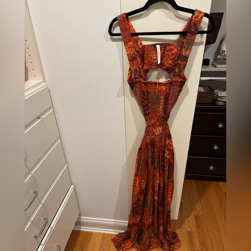 Anthropologie Smocked Cutout Maxi Dress – Boho Orange Print